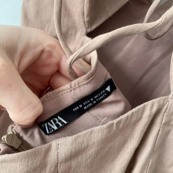Zara Linen Blend Strappy Open  Back Midi Maxi Dress Beige Tan Brown Size Small - Picture 14 of 16